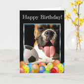 ハッピーバースデーのボクサー犬の挨拶状 カード (黄色い花)