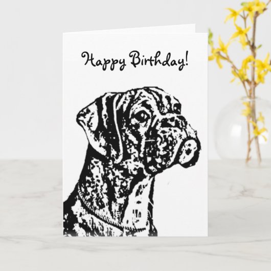 ハッピーバースデーのボクサー犬の挨拶状 カード (黄色い花)