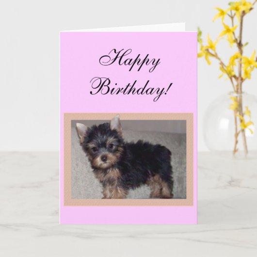 ハッピーバースデーのヨークシャーテリアの子犬の挨拶状 カード (黄色い花)