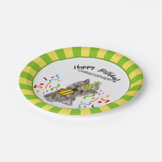 ハッピーバースデーのヨークシャーテリア犬のパーティー ペーパープレート (アングル)