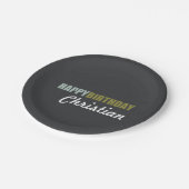 ハッピーバースデーのリネン灰色 ペーパープレート (アングル)