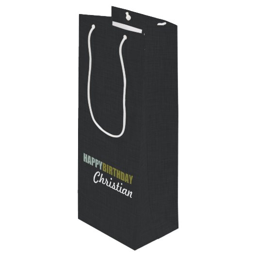 ハッピーバースデーのリネン灰色 ワインギフトバッグ (正面アングル)