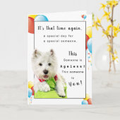 ハッピーバースデーの不変人、Westieおよび気球 カード (黄色い花)