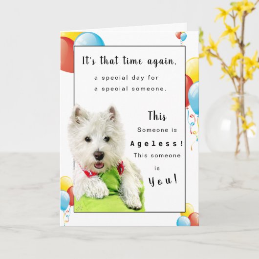 ハッピーバースデーの不変人、Westieおよび気球 カード (黄色い花)