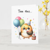 ハッピーバースデーの不機嫌な鳥のカップケーキバルーン カード (黄色い花)