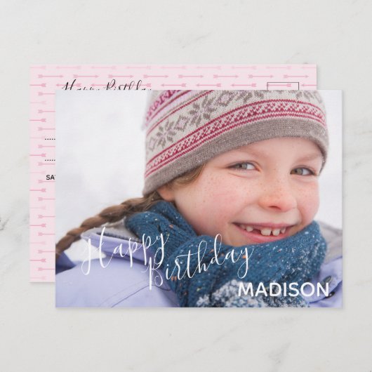 ハッピーバースデーの写真と矢印 – 誕生日はがき インビテーションポストカード (正面/裏面)