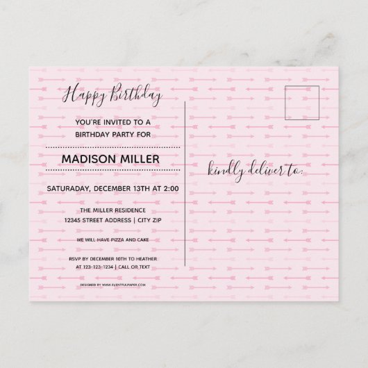 ハッピーバースデーの写真と矢印 – 誕生日はがき インビテーションポストカード (裏面)