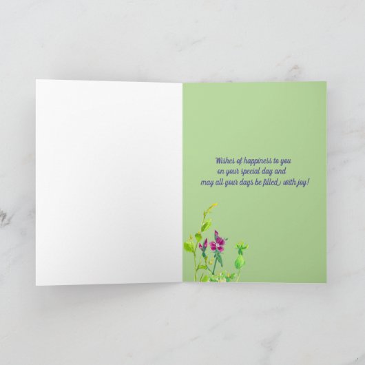 ハッピーバースデーの名前をカスタムするのブルーバードの野生の花 カード (内部)