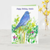 ハッピーバースデーの名前をカスタムするのブルーバードの野生の花 カード (黄色い花)