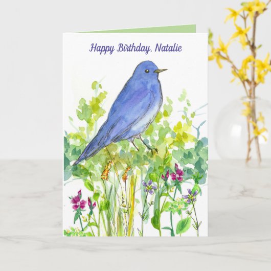 ハッピーバースデーの名前をカスタムするのブルーバードの野生の花 カード (黄色い花)