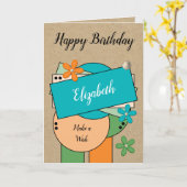 ハッピーバースデーの名前を追加オレンジ緑の青素朴 カード (黄色い花)