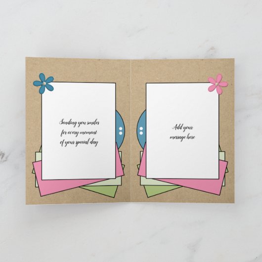 ハッピーバースデーの名前を追加ピンク緑の青の素朴 カード (内部)