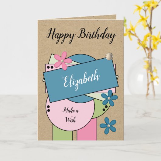 ハッピーバースデーの名前を追加ピンク緑の青の素朴 カード (黄色い花)