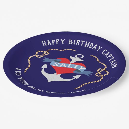 ハッピーバースデーの大尉古い塩のいかり ペーパープレート (アングル)