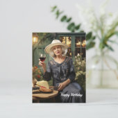 ハッピーバースデーの女性とワインとチーズ ポストカード (スタンド正面)