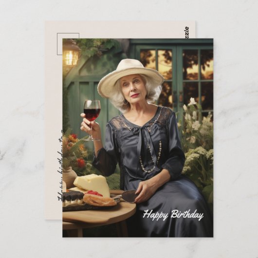 ハッピーバースデーの女性とワインとチーズ ポストカード (正面/裏面)