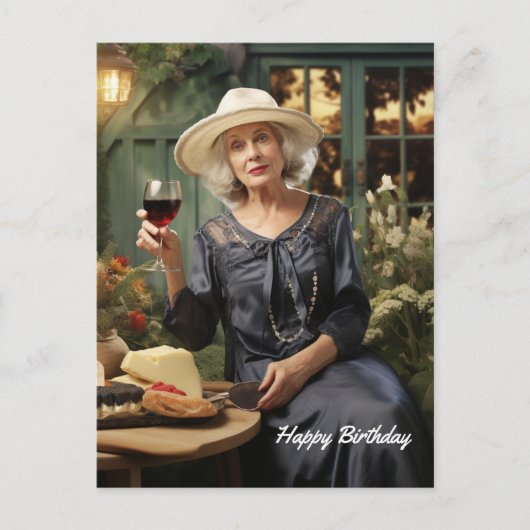 ハッピーバースデーの女性とワインとチーズ ポストカード (正面)