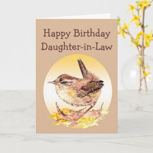 ハッピーバースデーの娘の水彩画のミソサザイの鳥 カード (黄色い花)
