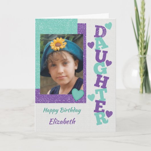 ハッピーバースデーの娘の紫と緑の写真 カード (正面)