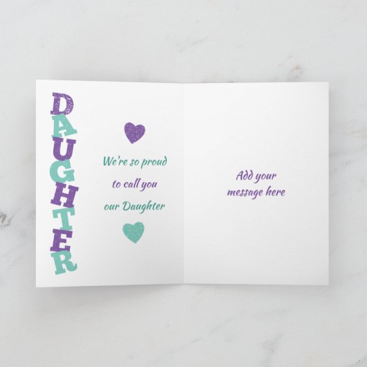 ハッピーバースデーの娘の紫と緑の写真 カード (内部)