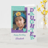 ハッピーバースデーの娘の紫と緑の写真 カード (黄色い花)