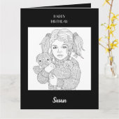 ハッピーバースデーの子どもと犬の着色 カード (黄色い花)