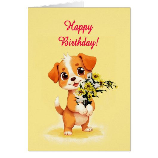 ハッピーバースデーの子犬と花 (正面)