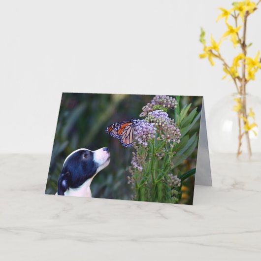 ハッピーバースデーの子犬と蝶のすごいかわいい カード (黄色い花)