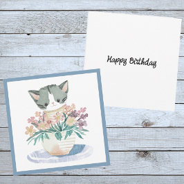 ハッピーバースデーの子猫が花のポットに座る カード