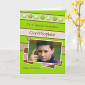 ハッピーバースデーの孫の緑と茶の写真 カード (黄色い花)