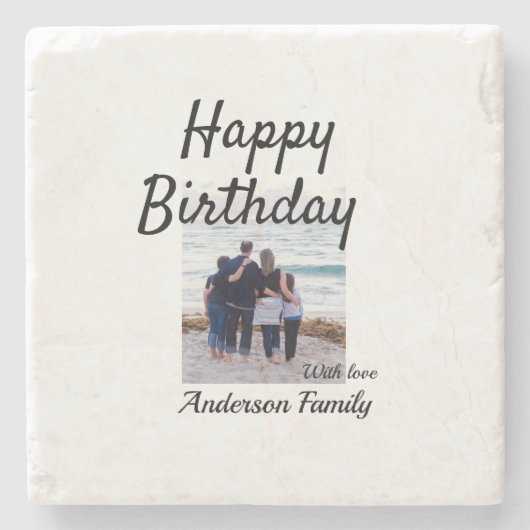 ハッピーバースデーの日写真家族の名前のクエレガントラス ストーンコースター (正面)