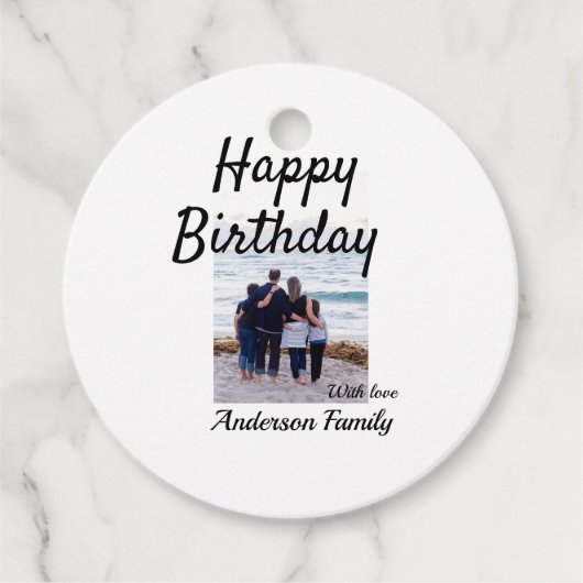 ハッピーバースデーの日写真家族の名前のクエレガントラス フェイバータグ (正面)