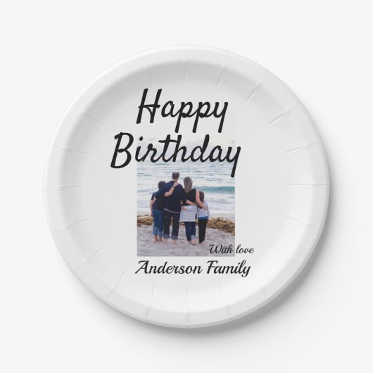 ハッピーバースデーの日写真家族の名前のクエレガントラス ペーパープレート (正面)