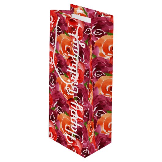 ハッピーバースデーの明るい水色の花 ワインギフトバッグ (正面アングル)