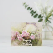 ハッピーバースデーの水彩ピンクのバラが入ったバスケット ポストカード (スタンド正面)
