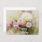 ハッピーバースデーの水彩ピンクのバラが入ったバスケット ポストカード (正面/裏面)