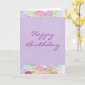 ハッピーバースデーの水彩画のラベンダーのパンジーの庭 カード (黄色い花)