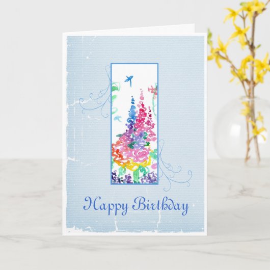 ハッピーバースデーの水彩画の春の庭のトンボ カード (黄色い花)