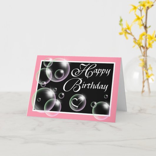 ハッピーバースデーの泡 – ピンクのグリーティングカード カード (黄色い花)