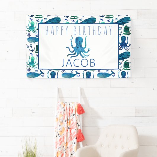 ハッピーバースデーの海洋の航海のなタコの海の子供 横断幕 (インサイチュ)