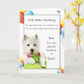 ハッピーバースデーの特別な友人、Westieおよび気球 カード (黄色い花)