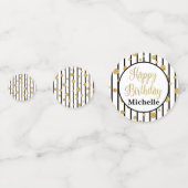 ハッピーバースデーの紙吹雪-黒くストライプな金ゴールドのグリッター コンフェッティ (正面)