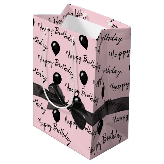 ハッピーバースデーの船首と黒のバルーン ミディアムペーパーバッグ (裏面アングル)