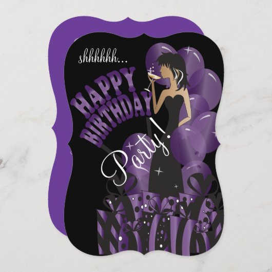 ハッピーバースデーの花型女性歌手の女の子| DIYの名前|の紫色 招待状 (正面/裏面)