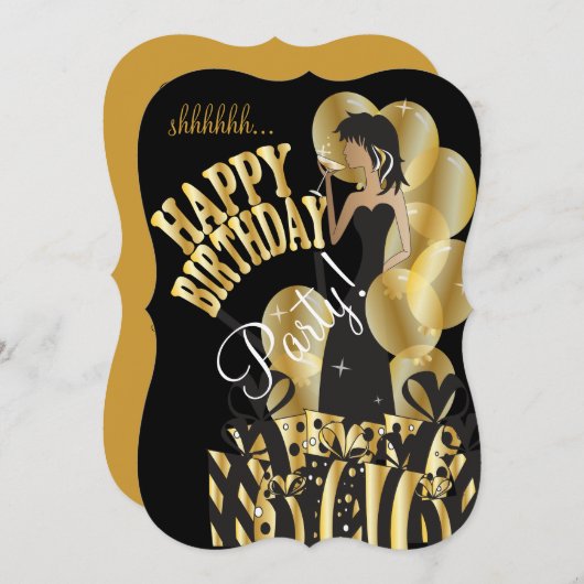 ハッピーバースデーの花型女性歌手の女の子| DIYの名前|の金ゴールド 招待状 (正面/裏面)