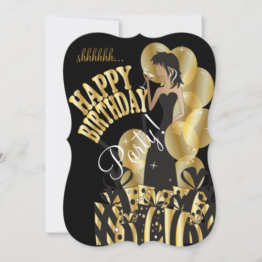 ハッピーバースデーの花型女性歌手の女の子| DIYの名前|の金ゴールド 招待状 (正面)