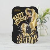 ハッピーバースデーの花型女性歌手の女の子| DIYの名前|の金ゴールド 招待状 (スタンド正面)