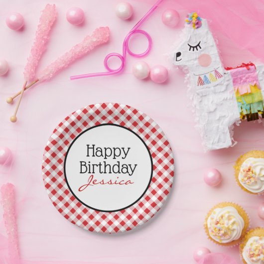 ハッピーバースデーの赤いギンガムの点検のピクニックパーティー ペーパープレート (パーティー)