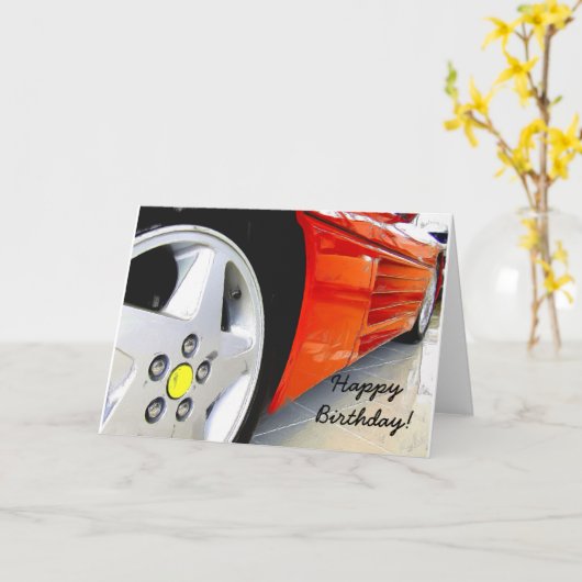 ハッピーバースデーの赤いスポーツ・カーの挨拶状 カード (黄色い花)