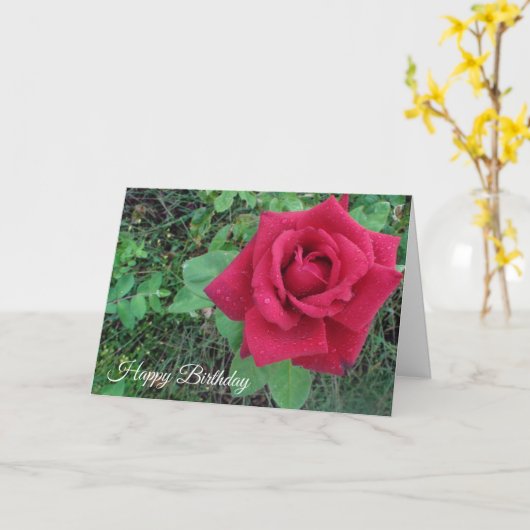 ハッピーバースデーの赤いバラおよび雨滴カード カード (黄色い花)